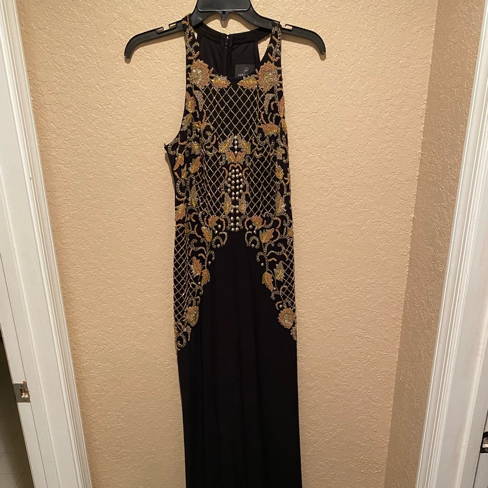 Adrianna Papell Black and Gold Beaded Gown Formal Dress